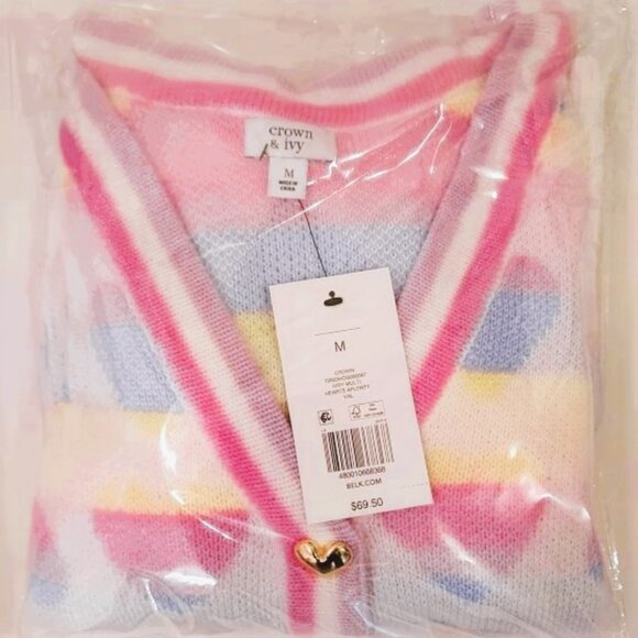 Crown & Ivy Ivory Multi Hearts Aplenty Cropped Gold Button Cardigan Size M NWT - Picture 2 of 5